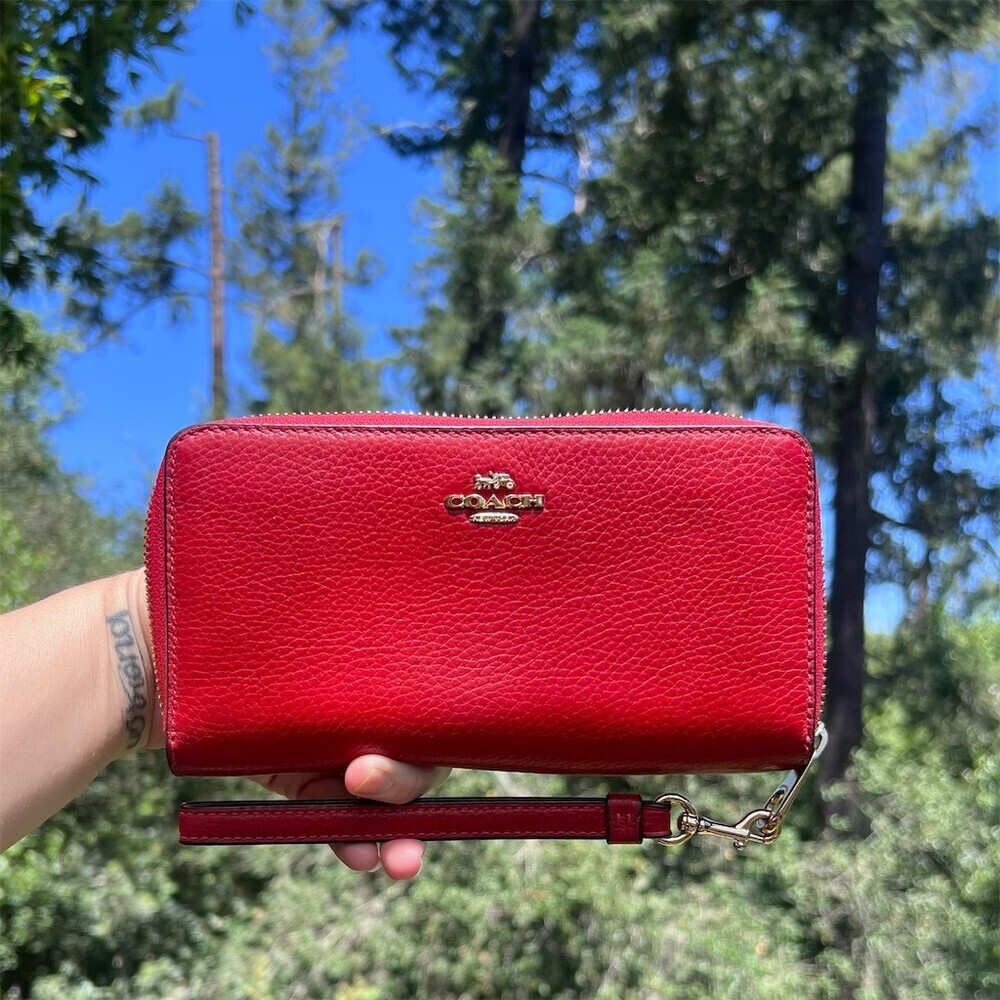COACH Long Zip-Around Red Pebble Leather Clutch Wallet Gold Hardware AUTHENTIC